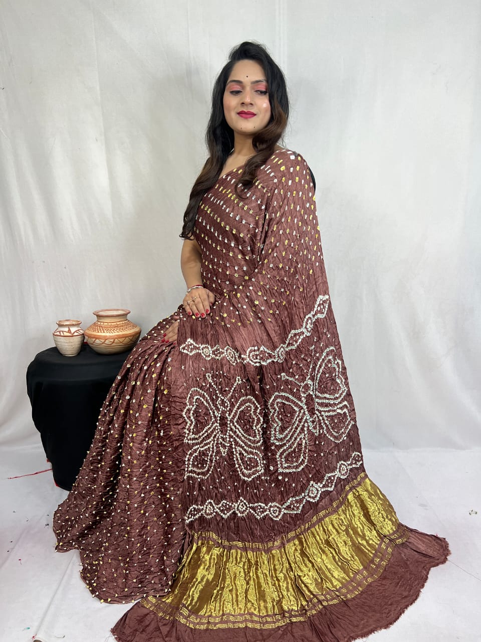 Pure Natural Dyeing Hand Block Bandhej Print Modal silk saree.