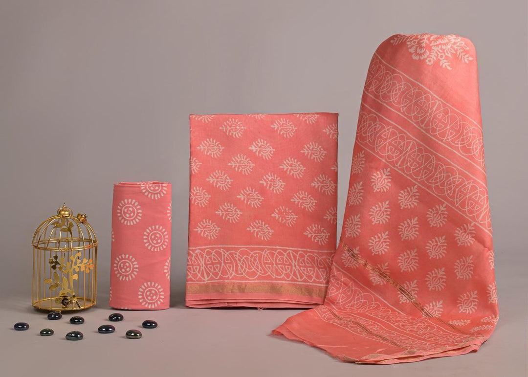 Pure Hand Block Chanderi Silk Unstitched Suit.