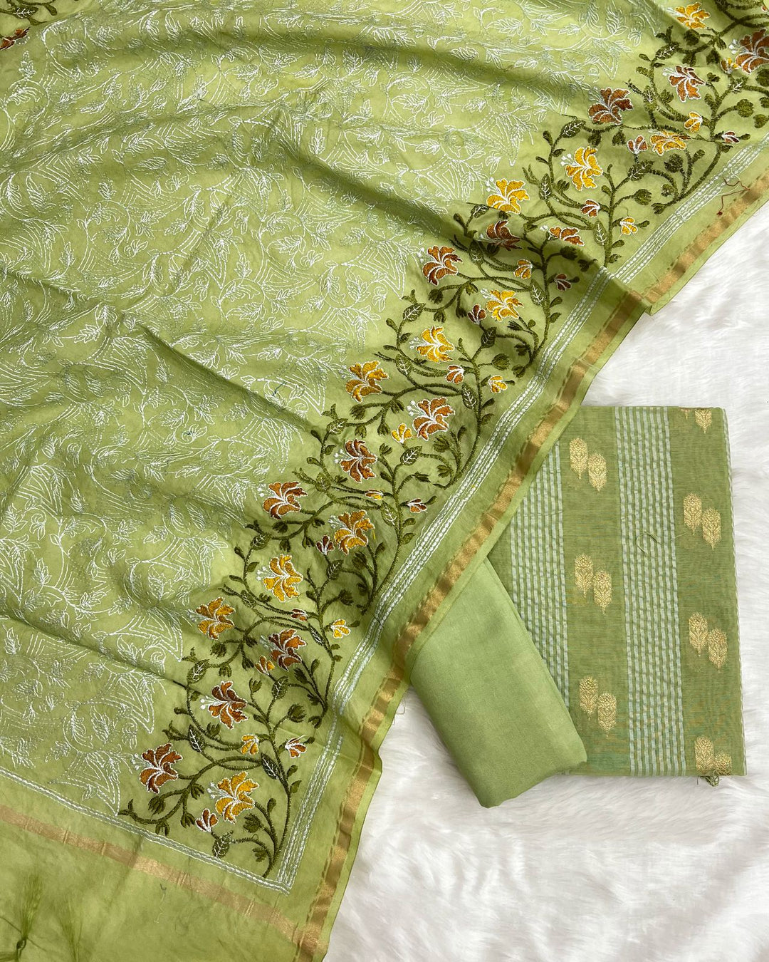 Banarasi Chanderi Cotton zari Strip Weaved UNstitched Suit.