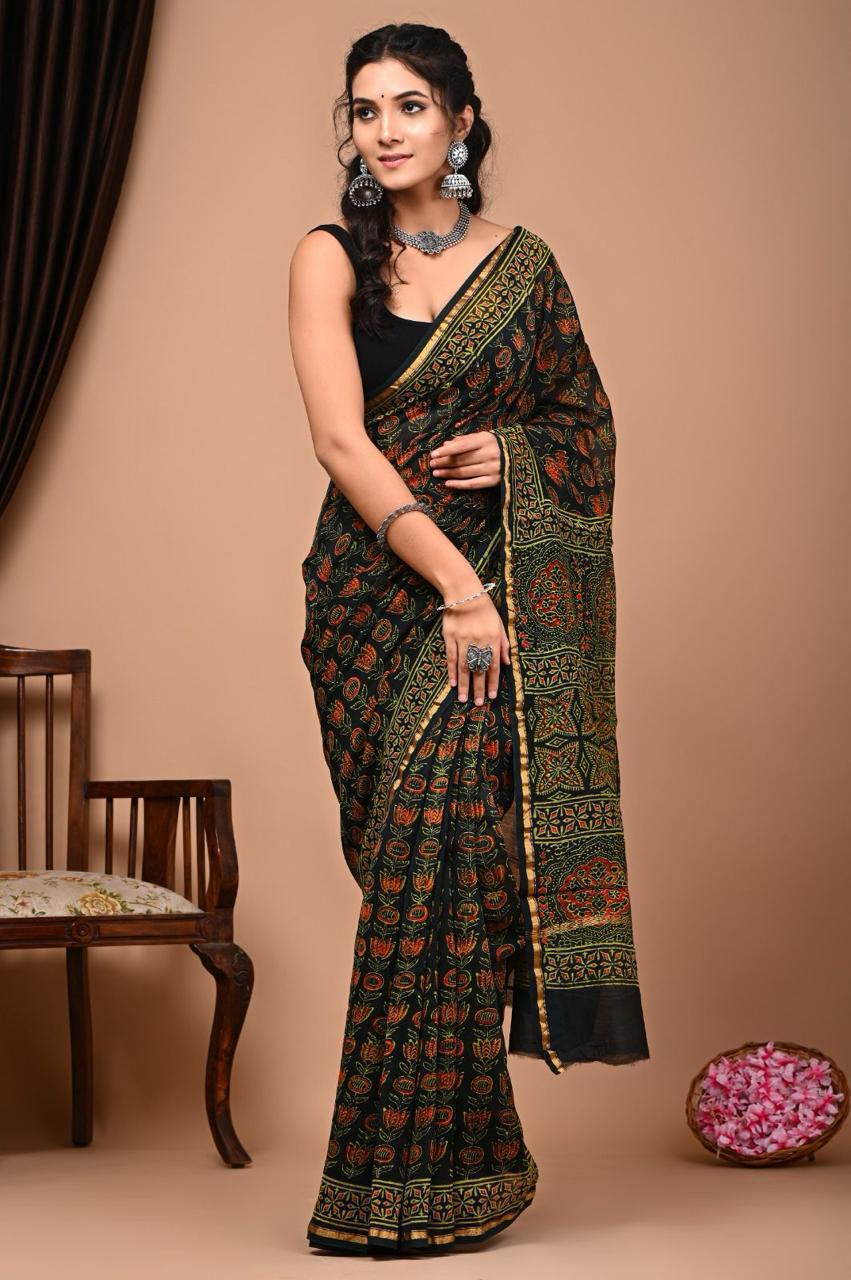 Hand Block Prninted Chanderi Saree .