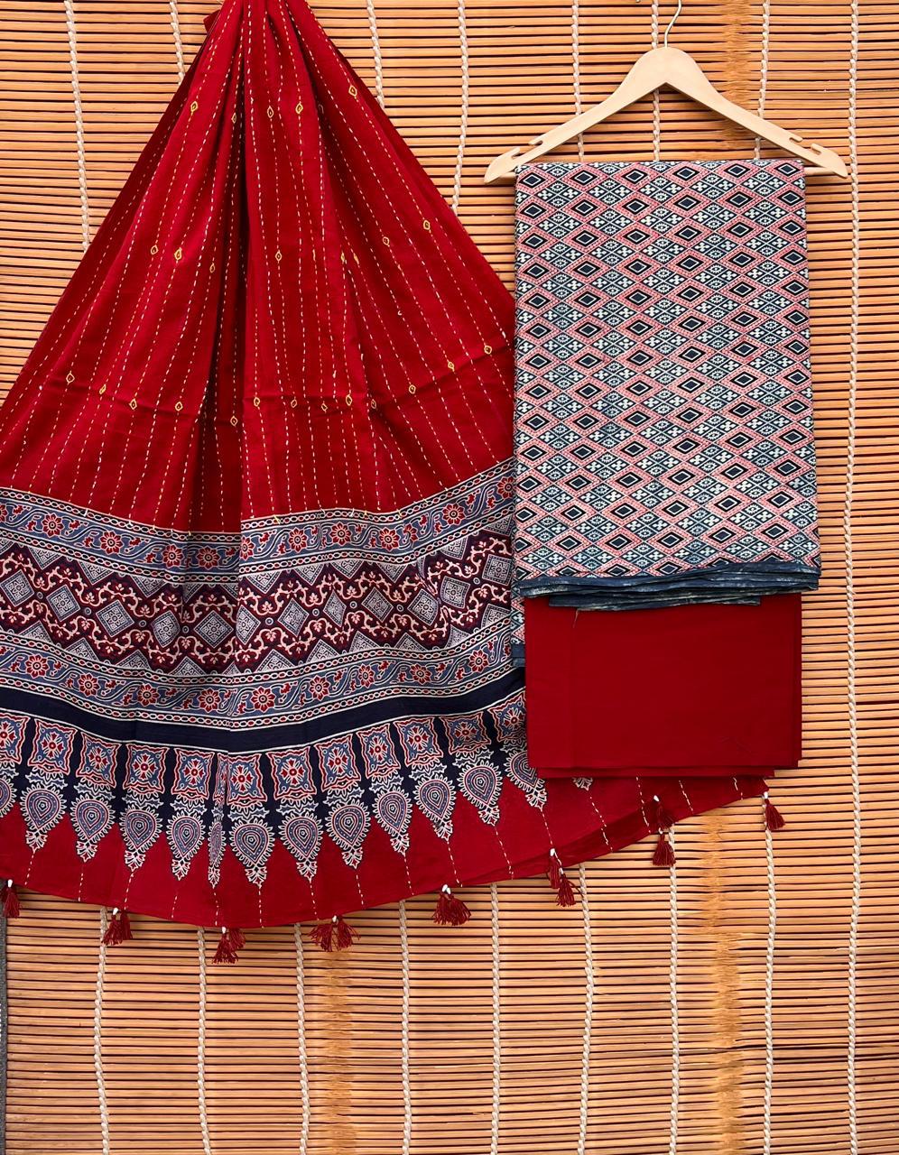 Pure Cotton Azrakh Print Unstitched suit Whit Kantha Work Dupatta.