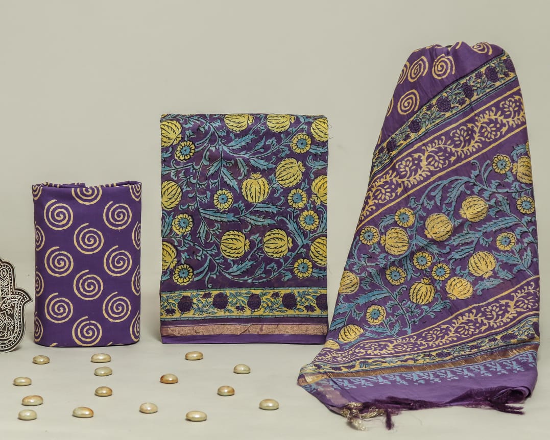Pure Hand Block Chanderi Silk Unstitched Suit.