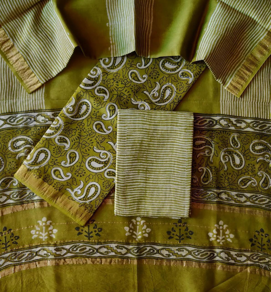 Pure Maheshwari Silk Hand block print Unstitched Suit.