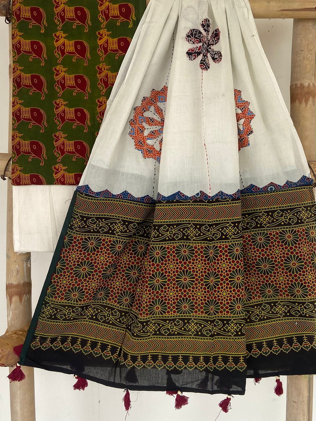 Pure Cotton Azrakh Print Unstitched suit with Patch Work Dupatta
