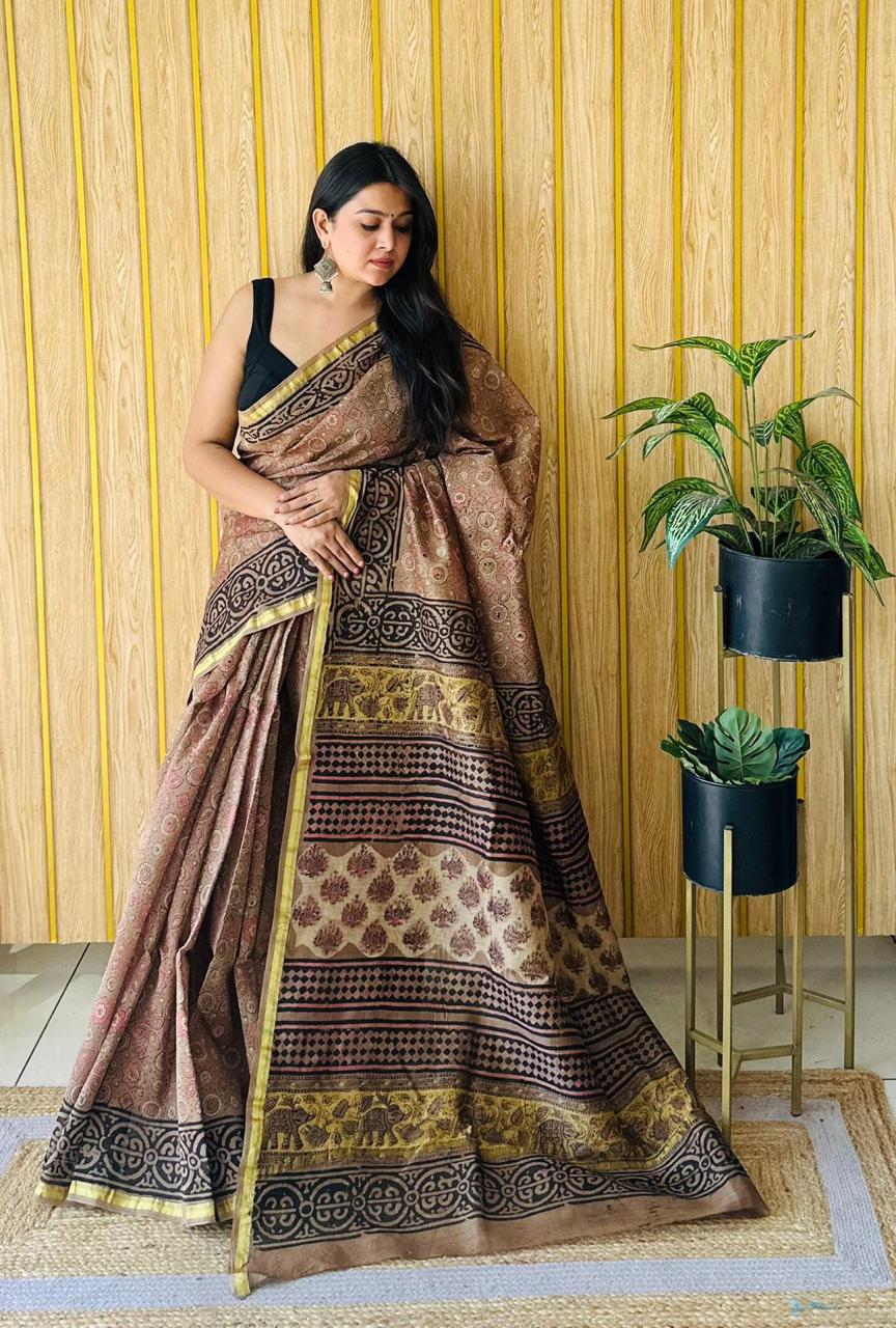 Hand Block Prninted Chanderi Saree .