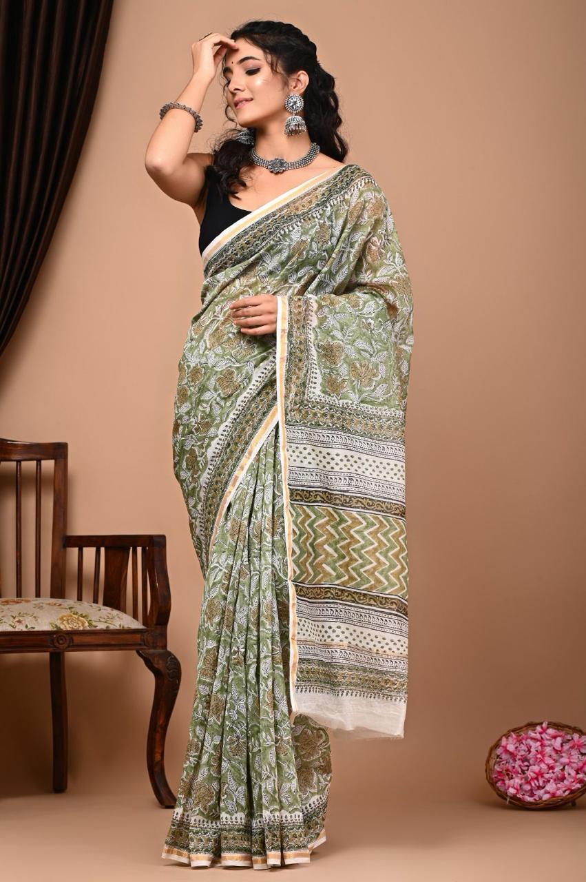 Hand Block Prninted Chanderi Saree .