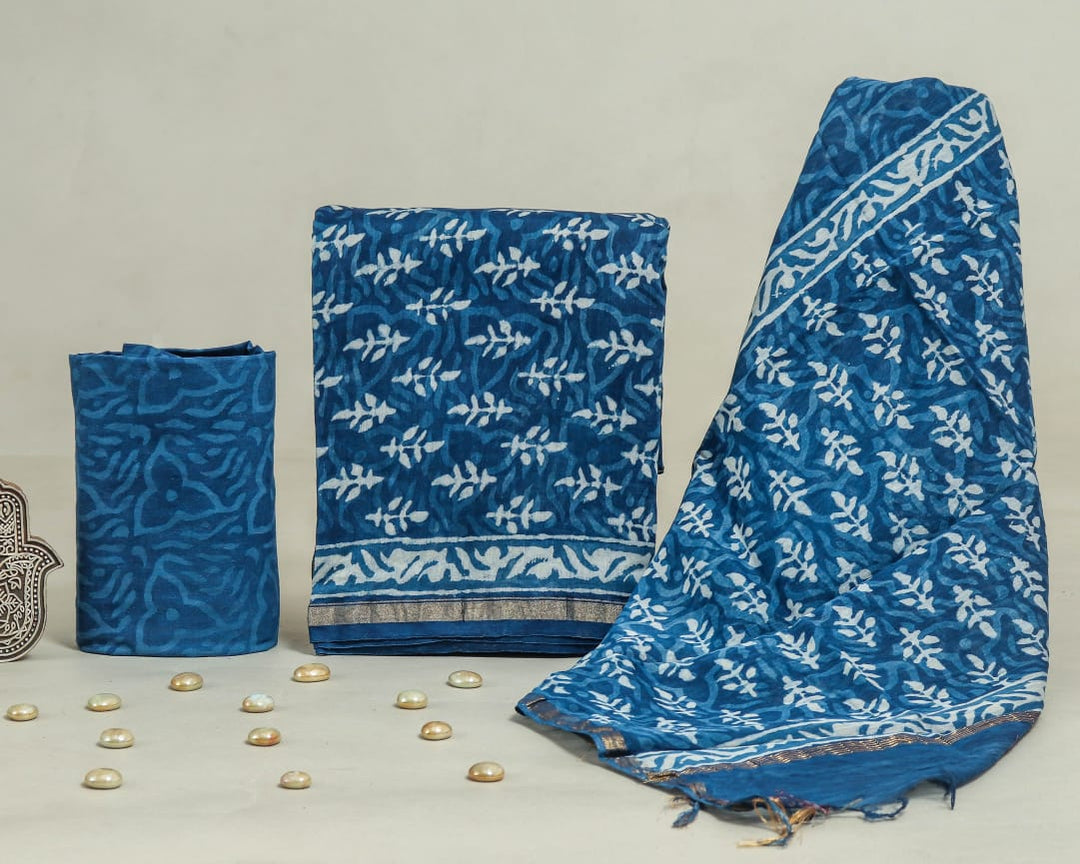 Pure Hand Block Chanderi Silk Unstitched Suit.