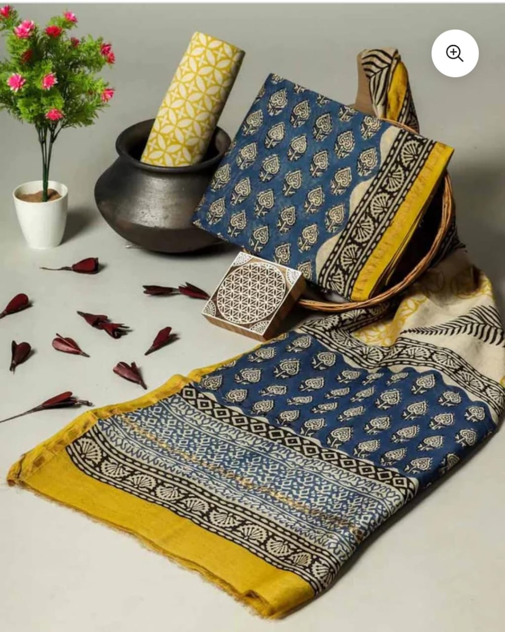Pure Hand Block Chanderi Silk Unstitched Suit.