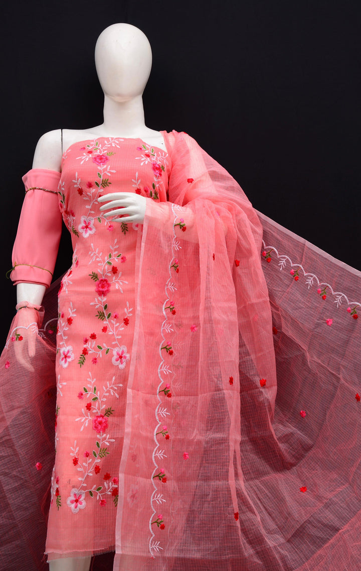 Pure Kota Doriya Embroidered Unstitched Suit With Dupatta .