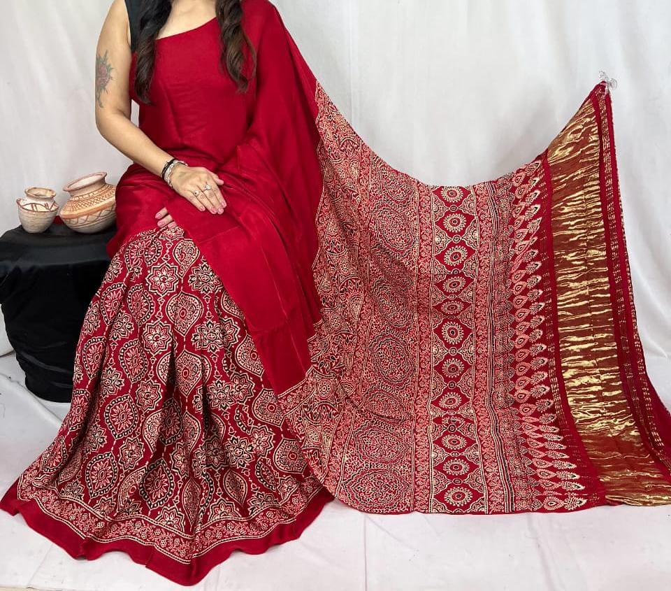 Pure Natural Dyeing Hand Block Print Modal silk saree.
