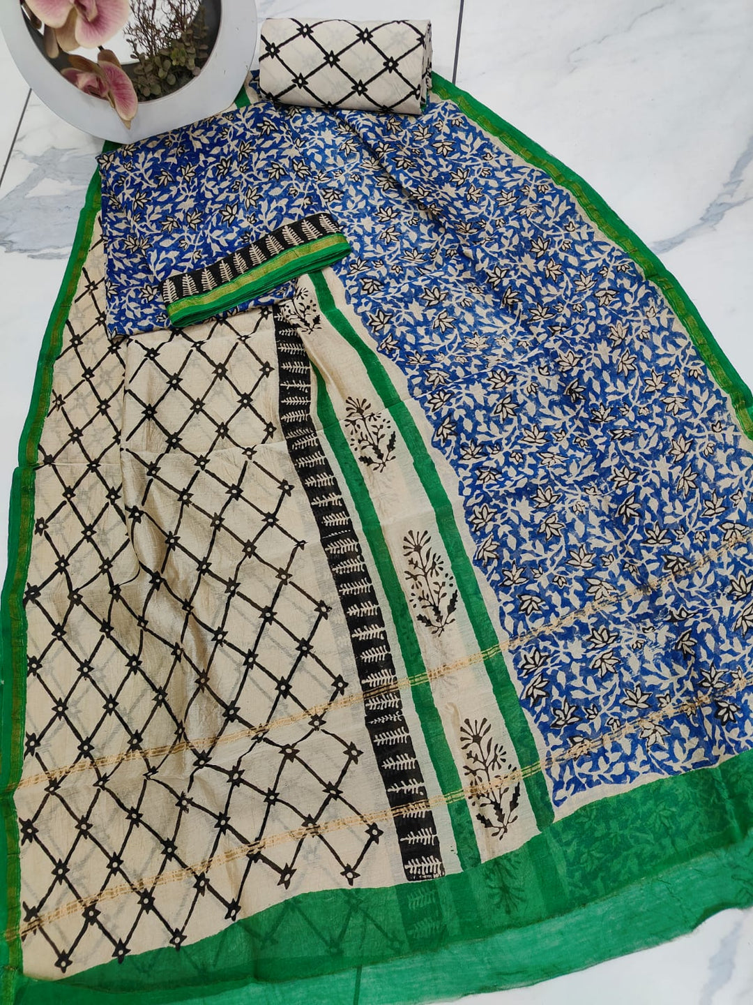 Pure Hand Block Chanderi Silk Unstitched Suit .
