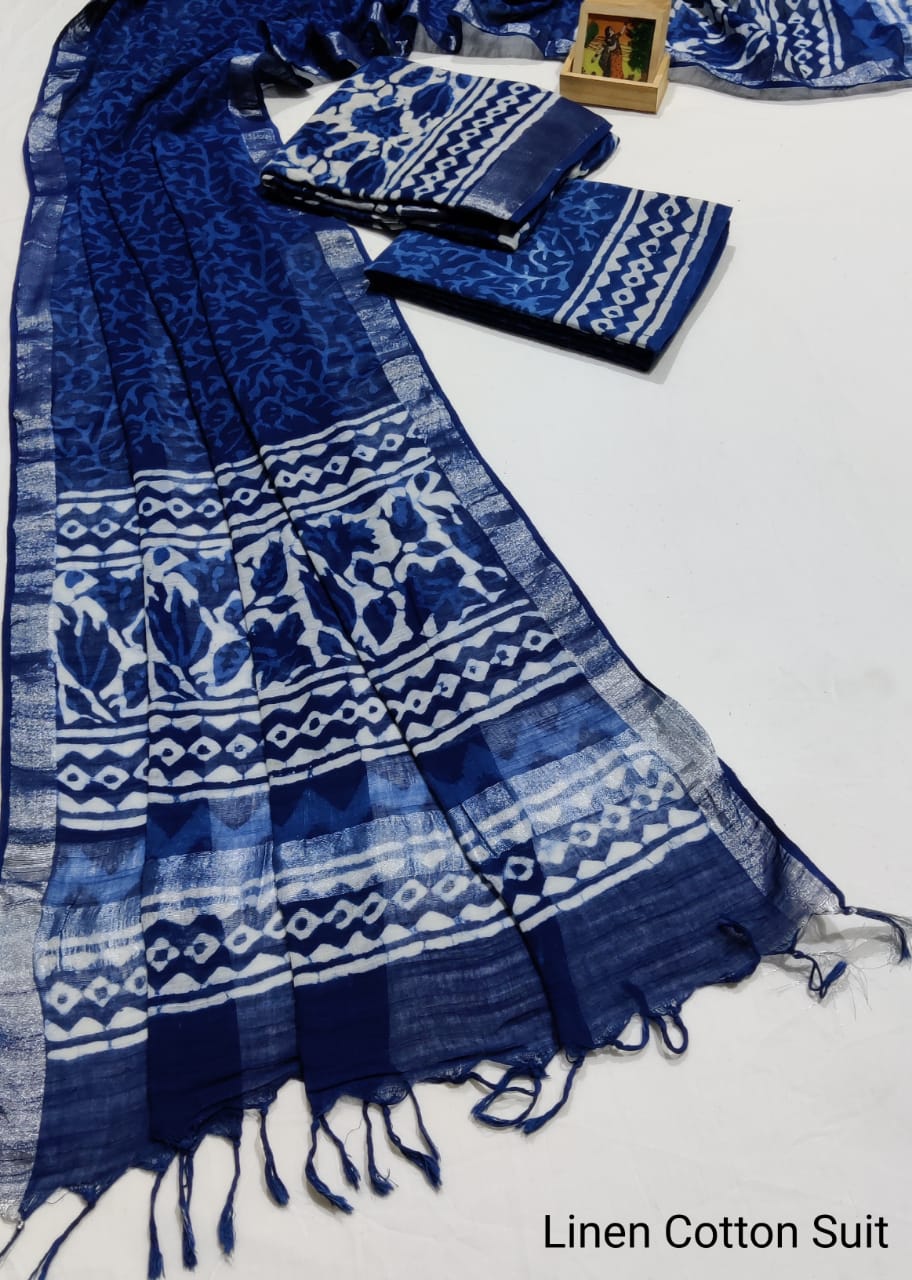 Hand Block Printed Linen Unstitched Suit .