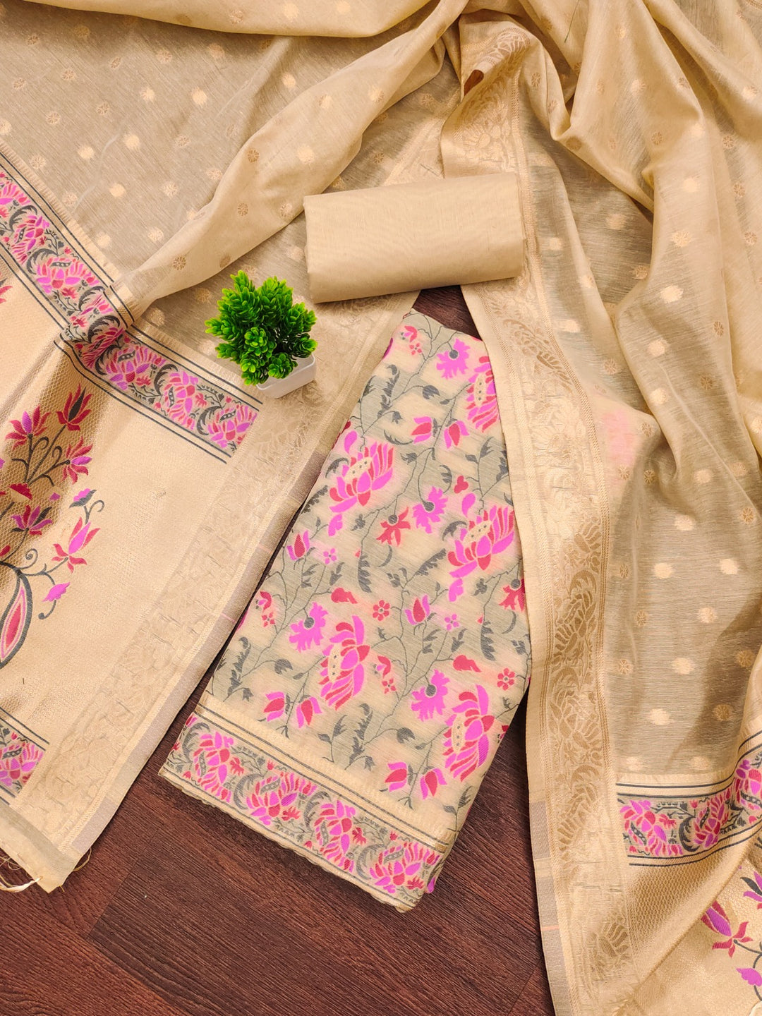 Pure Banarasi Cotton Jamdani Weaved Zari And Meenakari Work Unstitched Suit .