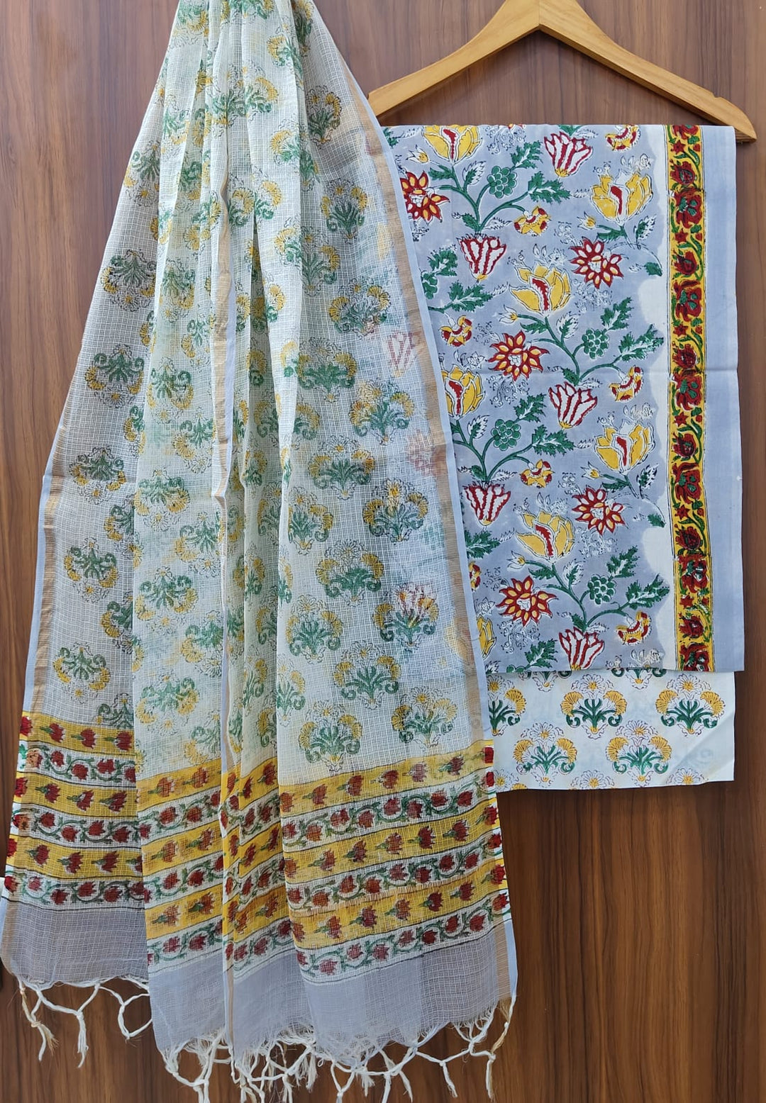 Pure Cotton Hand block print Unstitched Suit with Kota Dupatta .