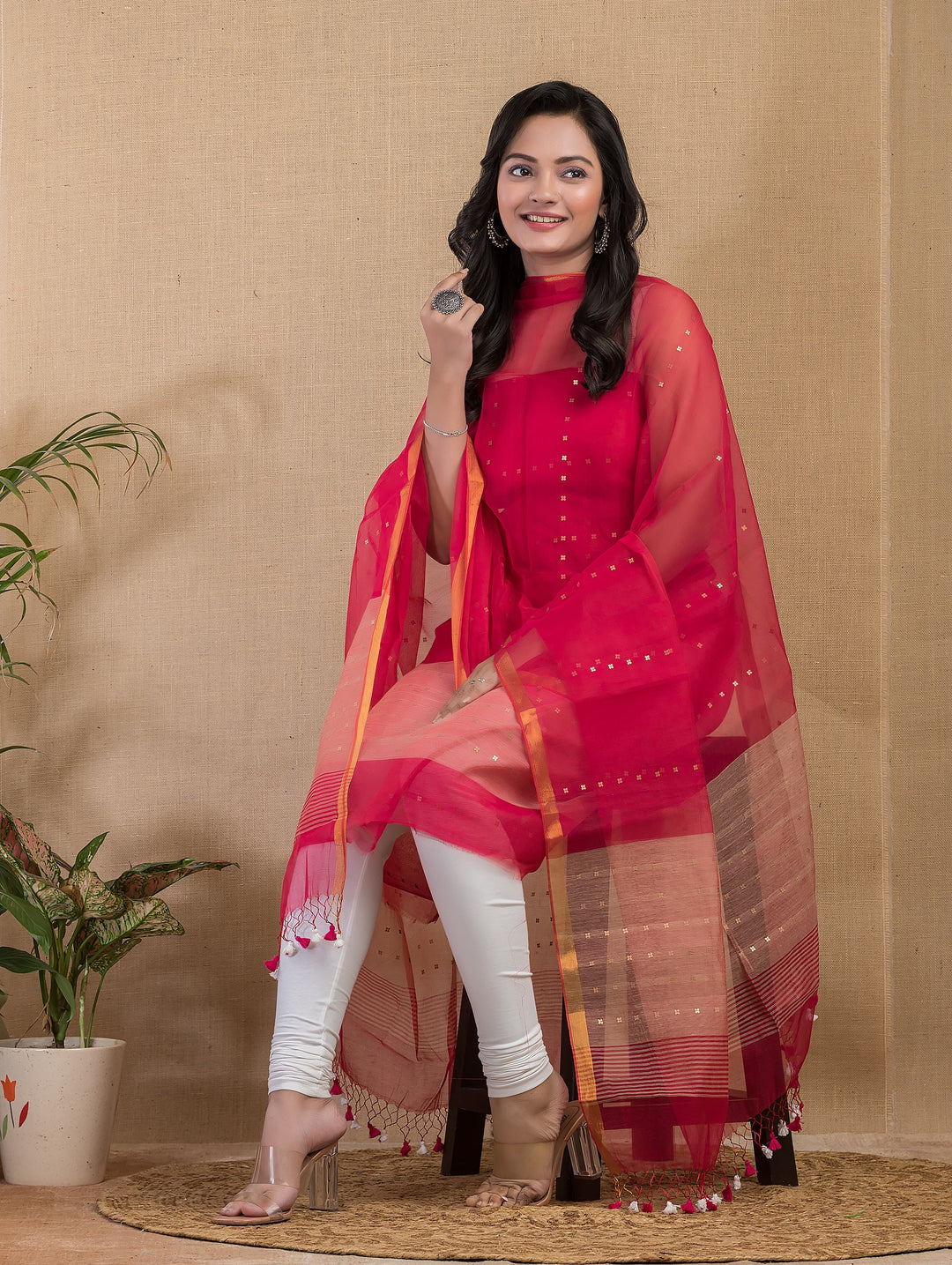 Pure Maslin silk 2PC Jamdani Sequence Handwork Unstitched Suit With Jaal net dupatta.