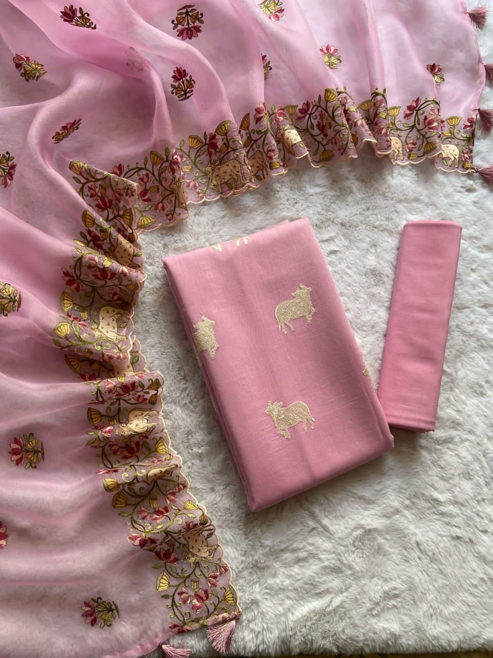 Pure Banarasi Mul Chanderi Cow Embroidery Work Unstitched Suit With Organza Dupatta.