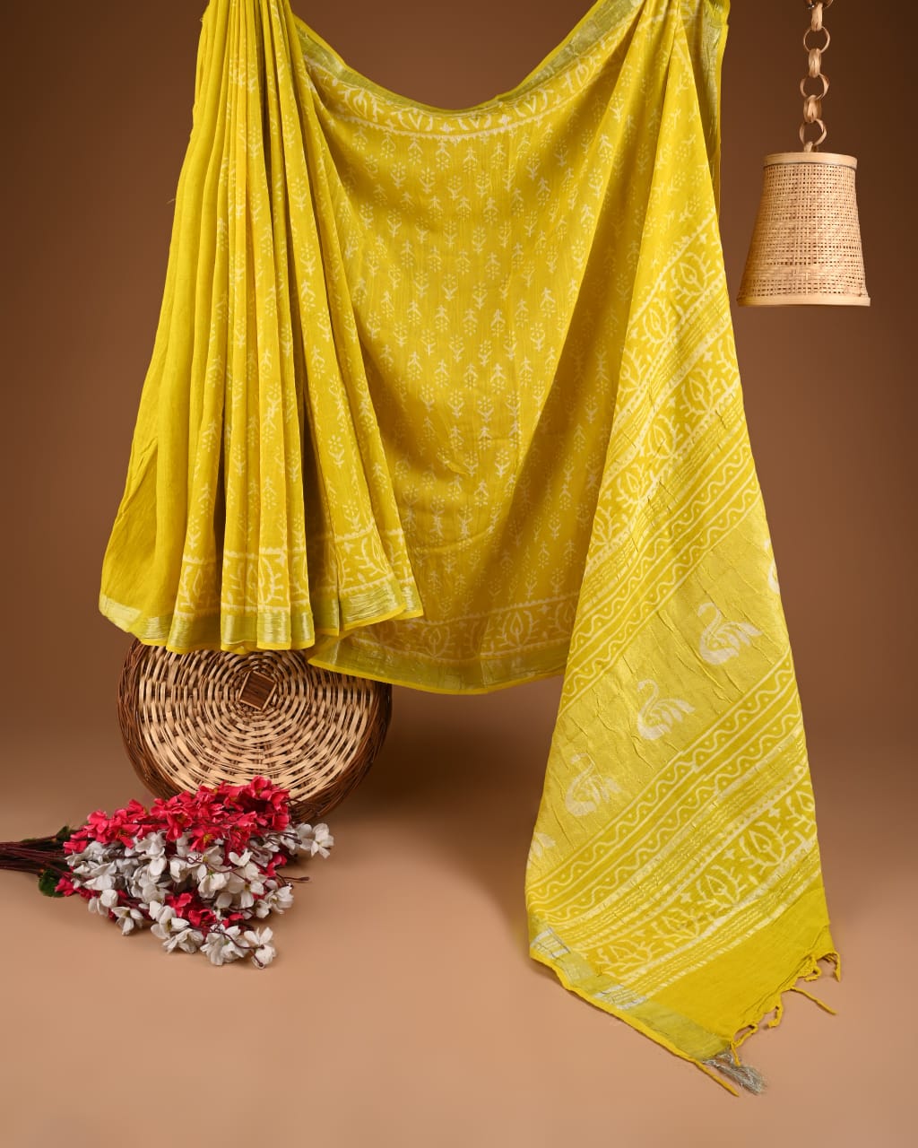Hand Block Print Linen Saree with Blouse .