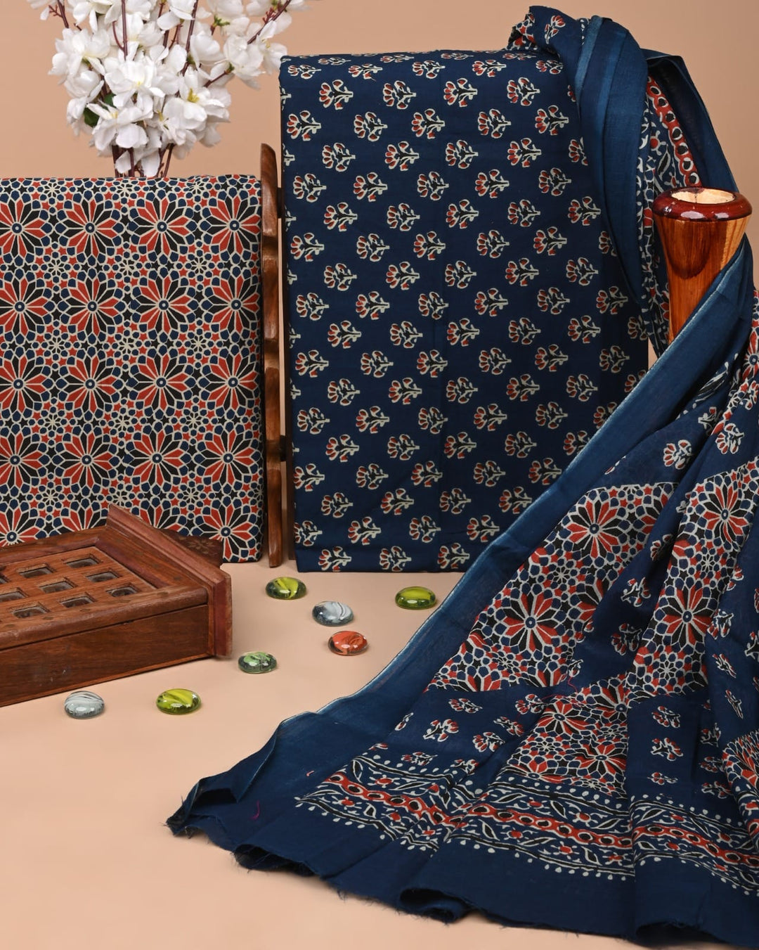 Pure Cotton Hand Block Printed Unstitched Suit Set With Cotton Dupatta.