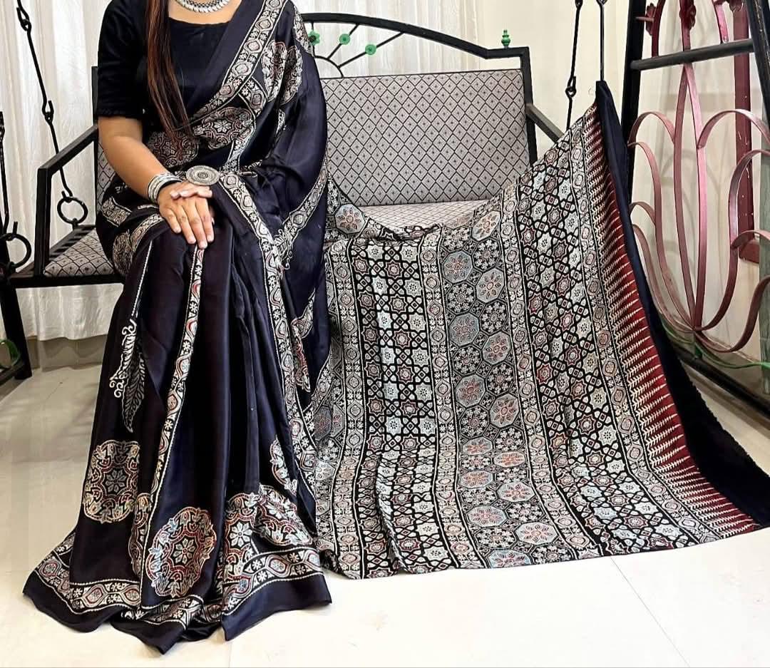 Pure Natural Dyeing Hand Block Print Modal silk saree.