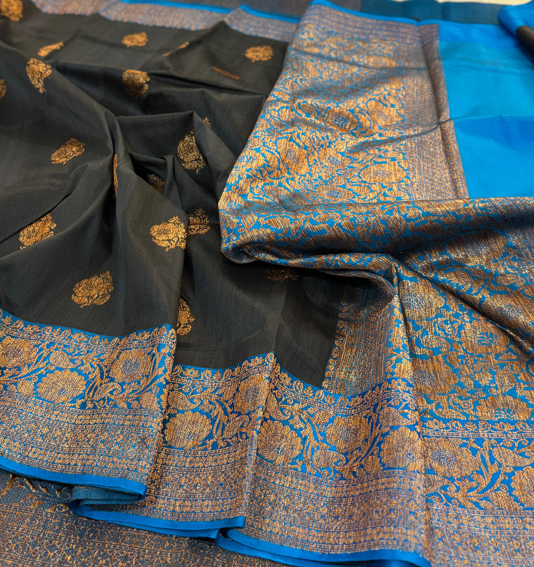 HandloomPure Banarasi Tussar Silk Saree With Kadhuwa Border Work.