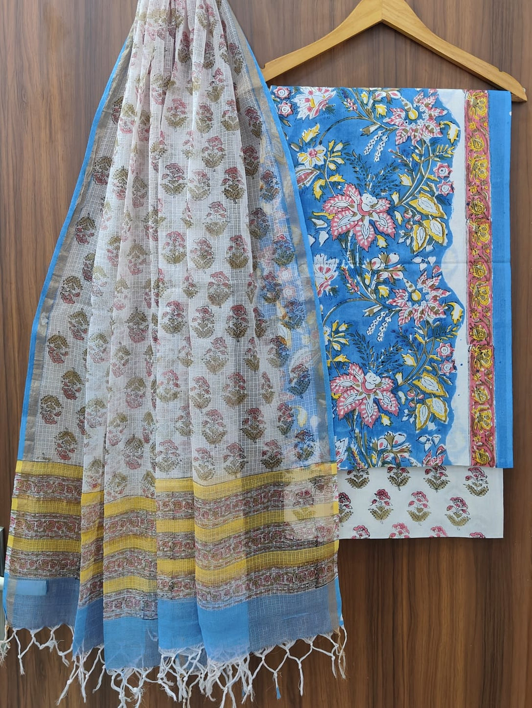 Pure Cotton Hand block print Unstitched Suit with Kota Dupatta .