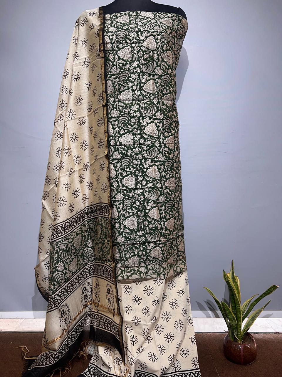 Pure Hand Block Chanderi Silk Unstitched Suit