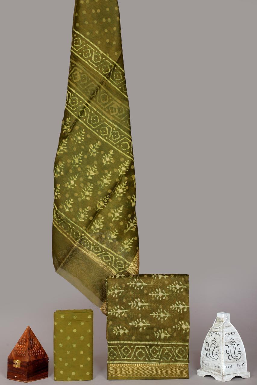 Pure Maheshwari Silk Hand block print Unstitched Suit.