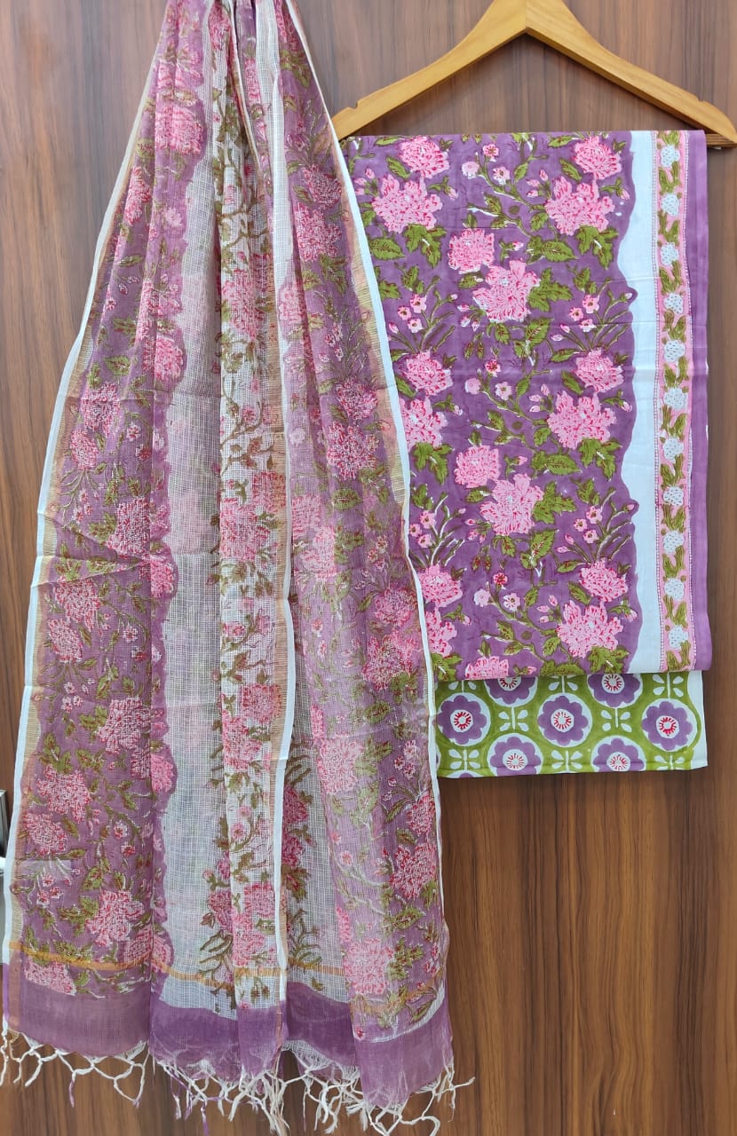 Pure Cotton Hand block print Unstitched Suit with Kota Dupatta .