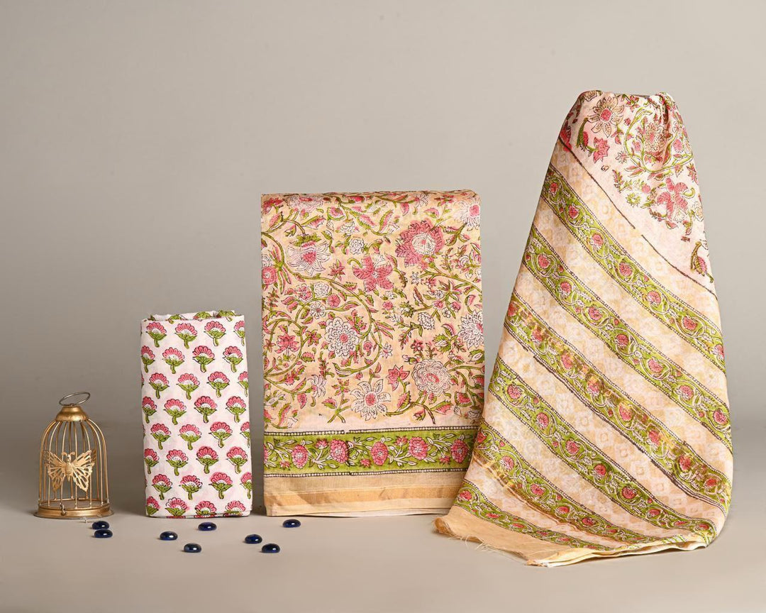 Pure Hand Block Chanderi Silk Unstitched Suit.