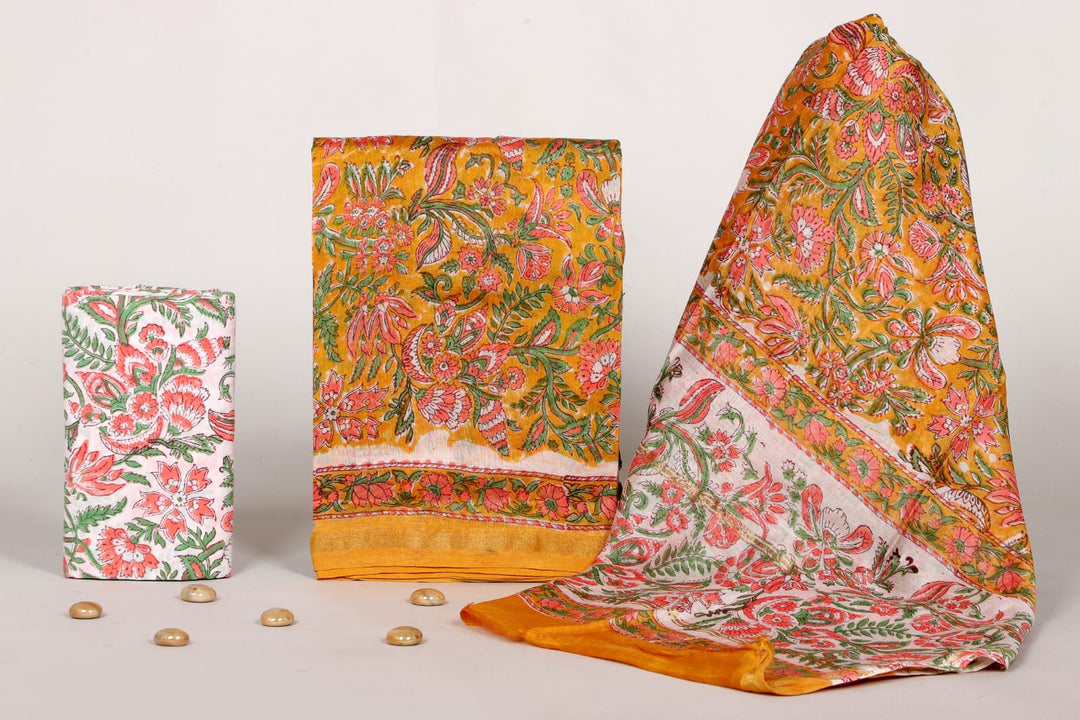 Pure Hand Block Chanderi Silk Unstitched Suit