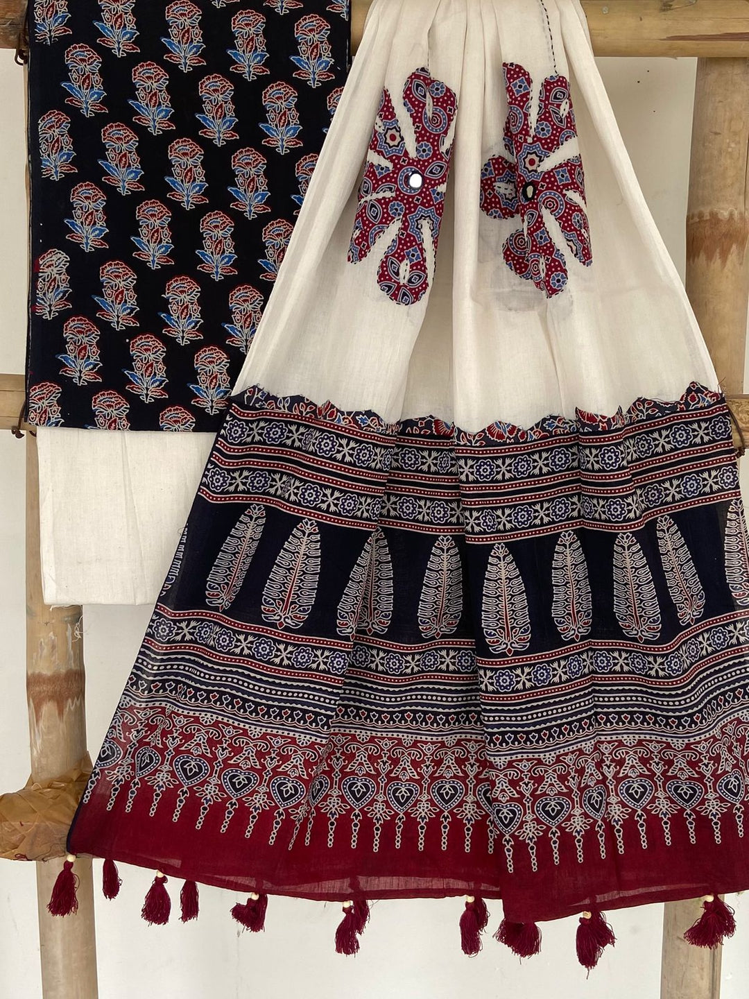 Pure Cotton Azrakh Print Unstitched suit with Patch Work Dupatta