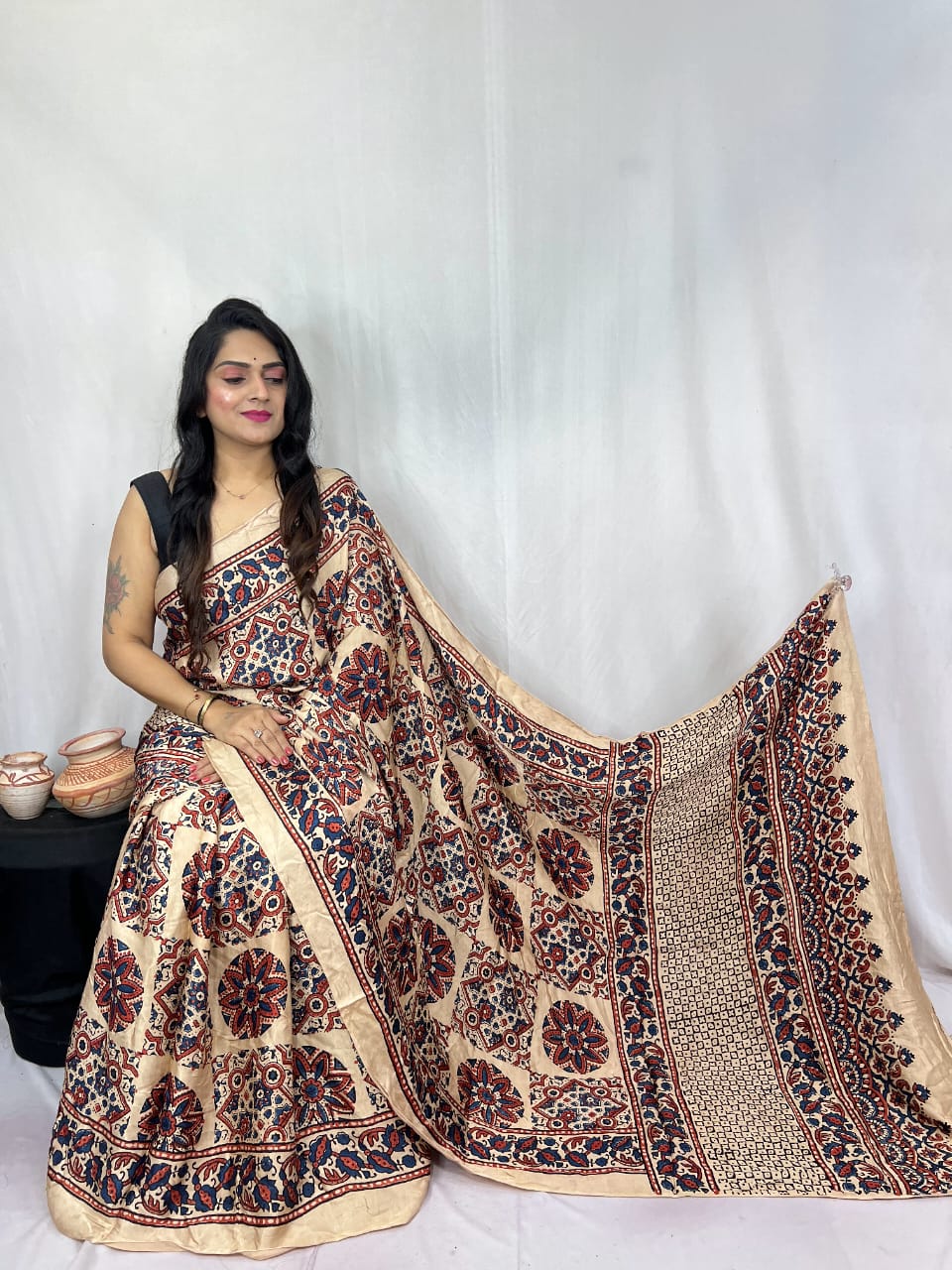 Pure Natural Dyeing Hand Block Print Modal silk saree.