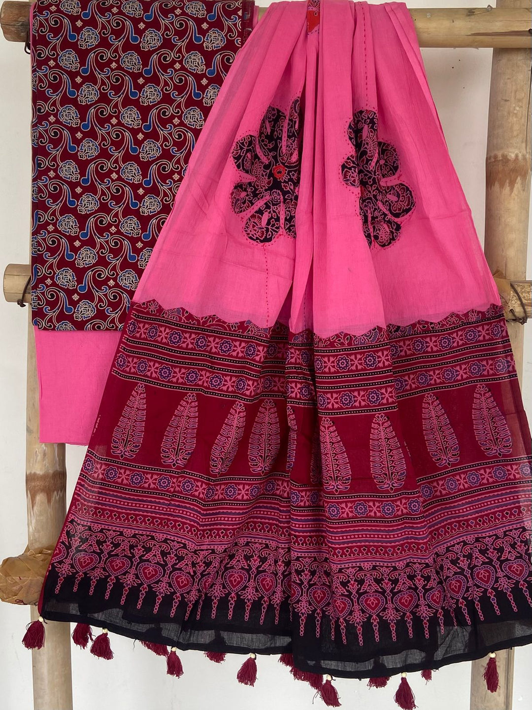 Pure Cotton Azrakh Print Unstitched suit Whit Patch Work Dupatta .