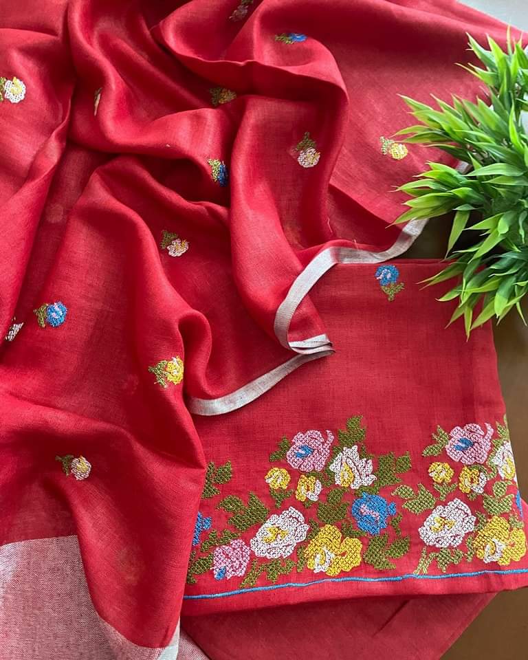 Bhagalpuri Linen By Linen Embroidery Unstitched suit.