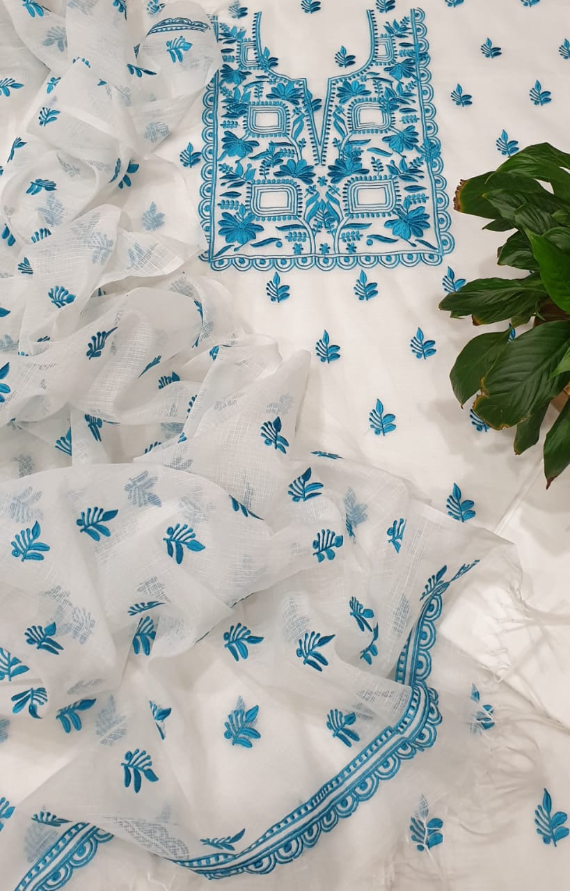 Pure Kota Doriya Embroidered Unstitched Suit With Dupatta.