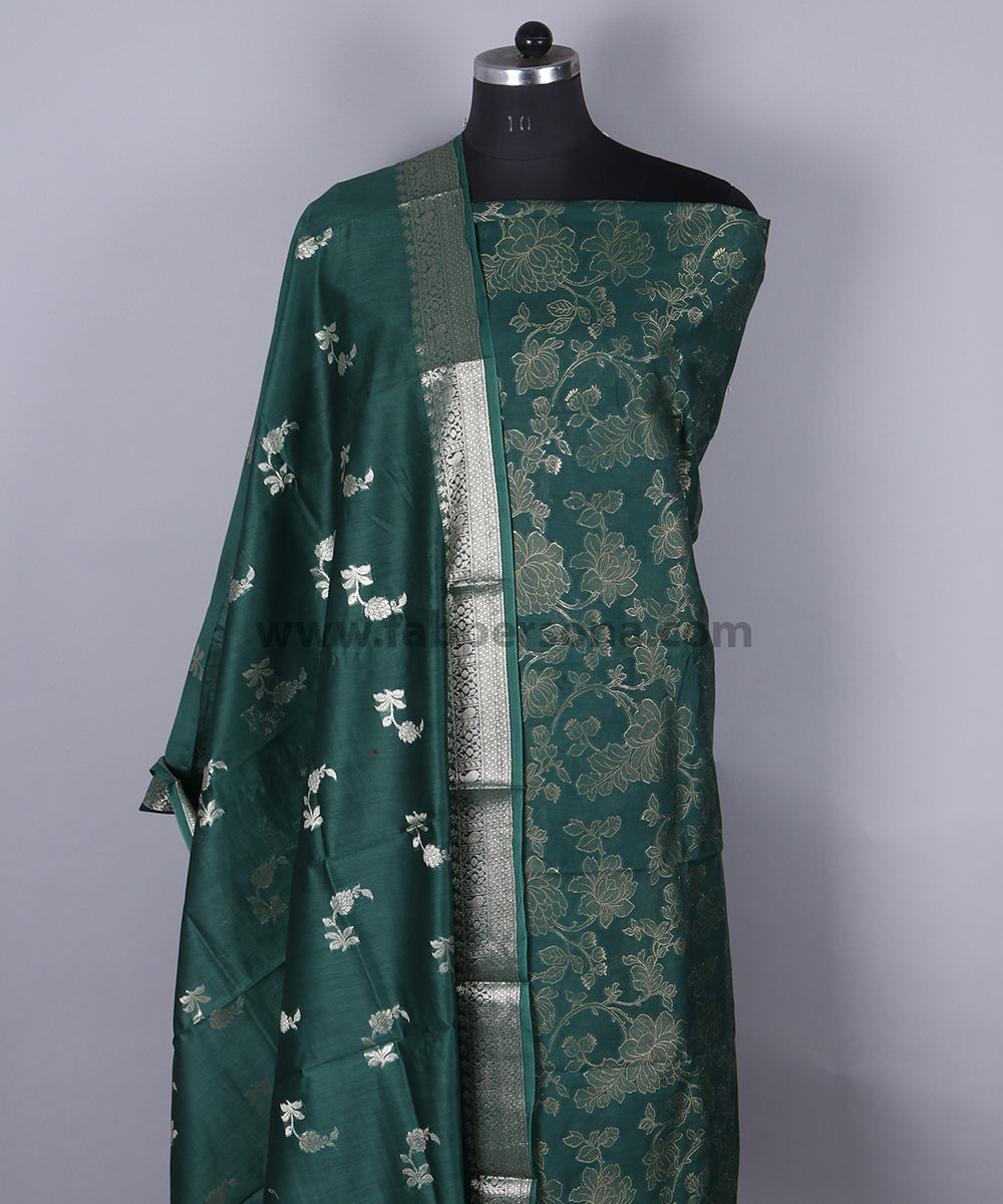 Pure Banarsi Silk Chanderi Light Zari Weaved Unstitched Suit With Banarsi Silk Buti Weaved Dupatta.