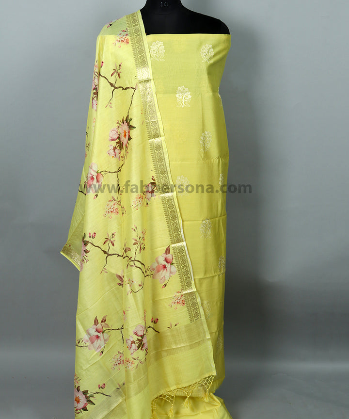Pure Banarasi Chanderi Silk Resham Work Unstitched Suit With Digital Print Dupatta.