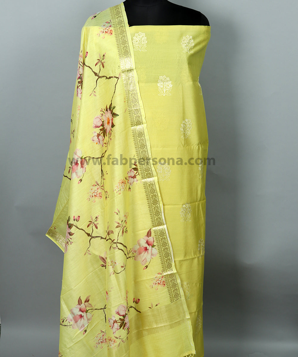 Pure Banarasi Chanderi Silk Resham Work Unstitched Suit With Digital Print Dupatta.