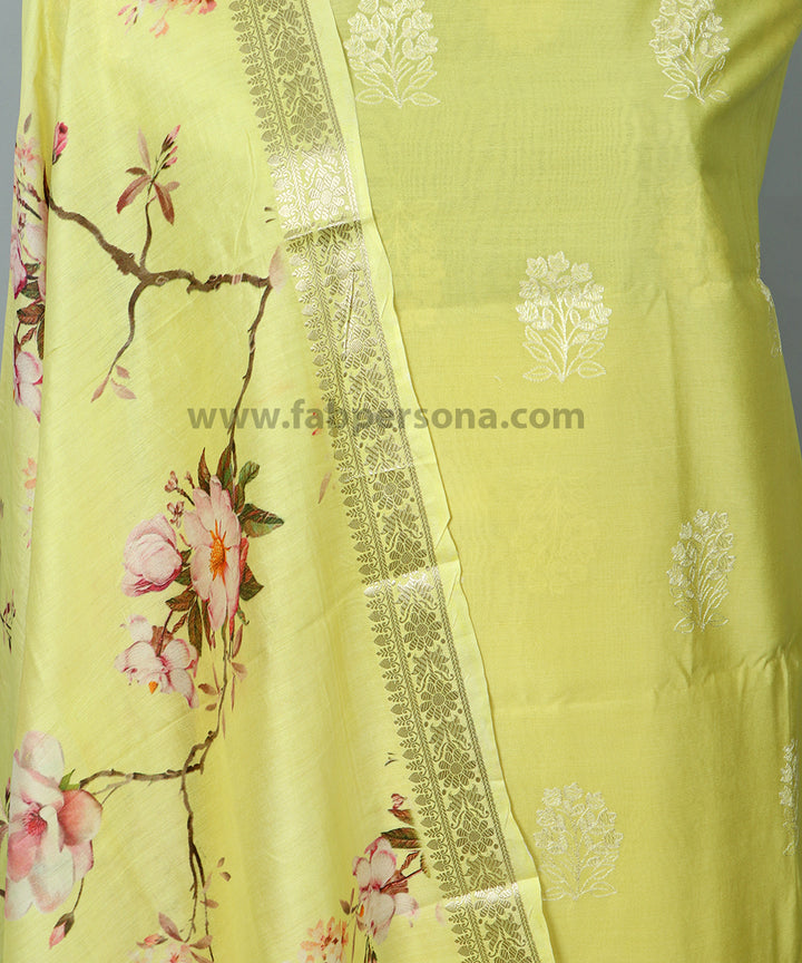Pure Banarasi Chanderi Silk Resham Work Unstitched Suit With Digital Print Dupatta.