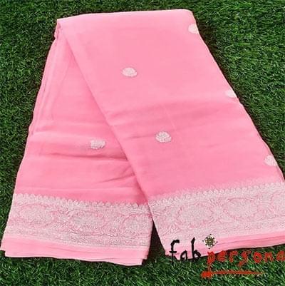 Baby Pink Color Pure Hand loom Khaddi Chiffon Georgette Saree with Silver Zari Weaving