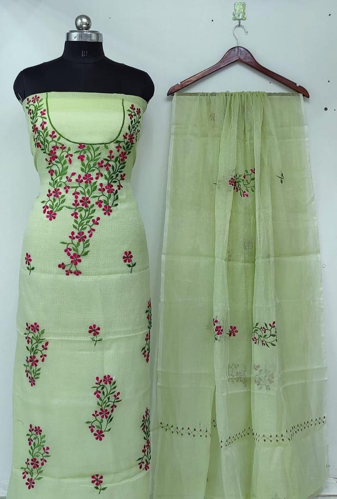 kota cotton dress materials online Pure Cotton Kota Doriya Embroidery Unstitched Suit With Dupatta