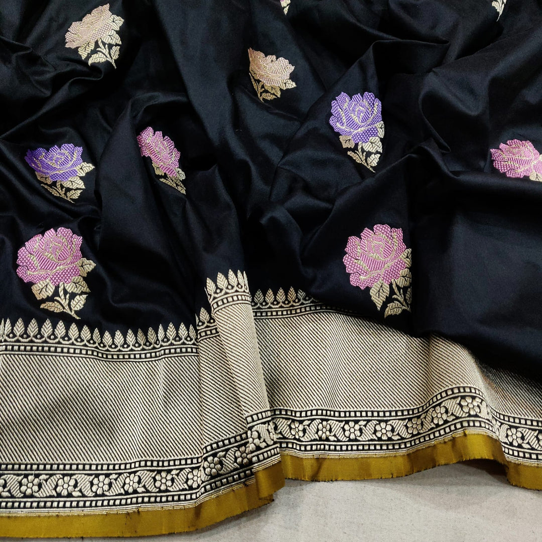 Pure katan Silk Handwoven Golden Zari And Multi color Resham Alif Buti Work Saree.