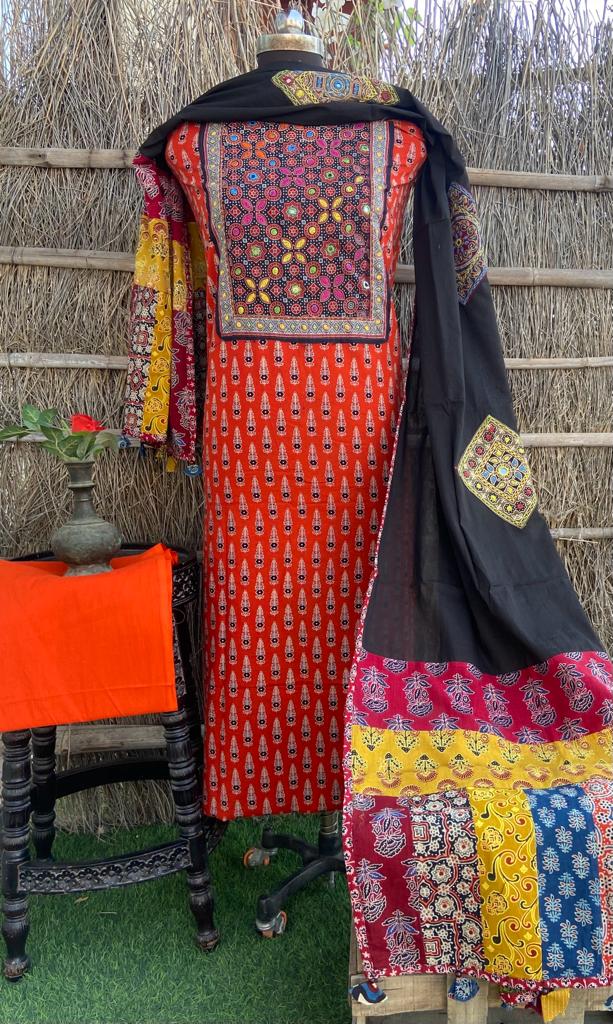 Pure Cotton Azrakh Print Unstitched suit With Patch Work Dupatta.
