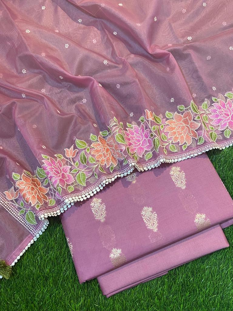 Pink - Handloom Zari Buti Chanderi Silk 2pc Unstitched Dress Material with Jewellery Set 06