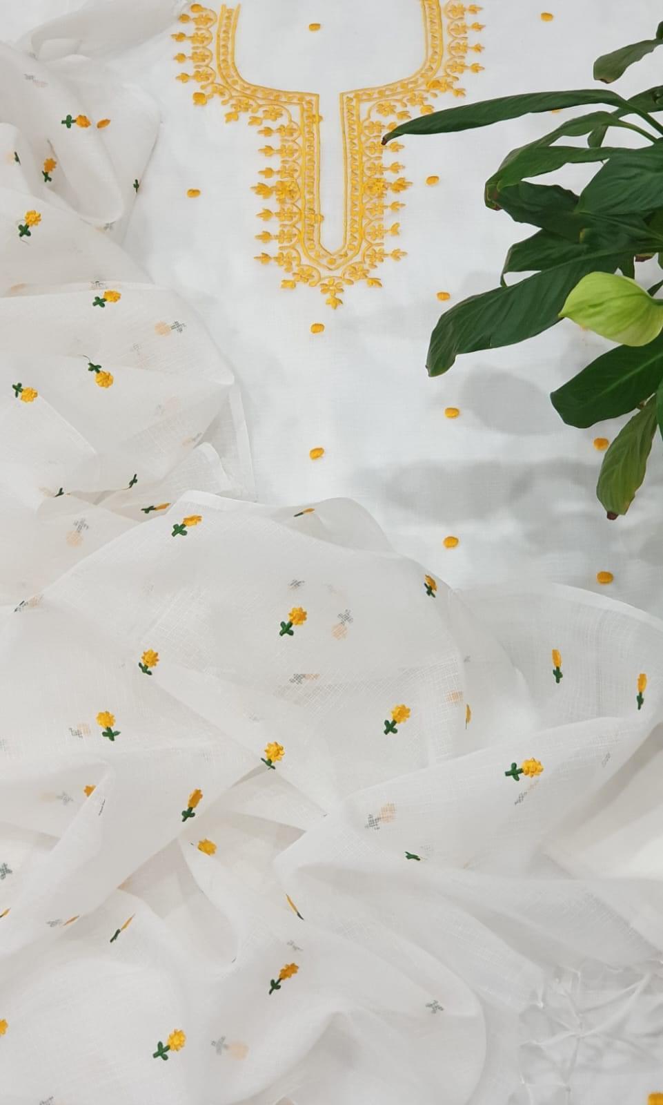 White Color Kota Doria Salwar Suit with Embroidery work