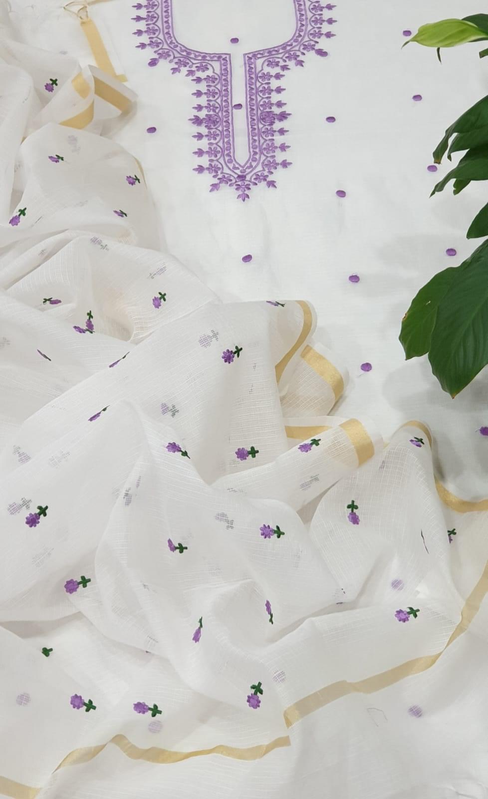 White Color Kota Doria Salwar Suit with Embroidery work