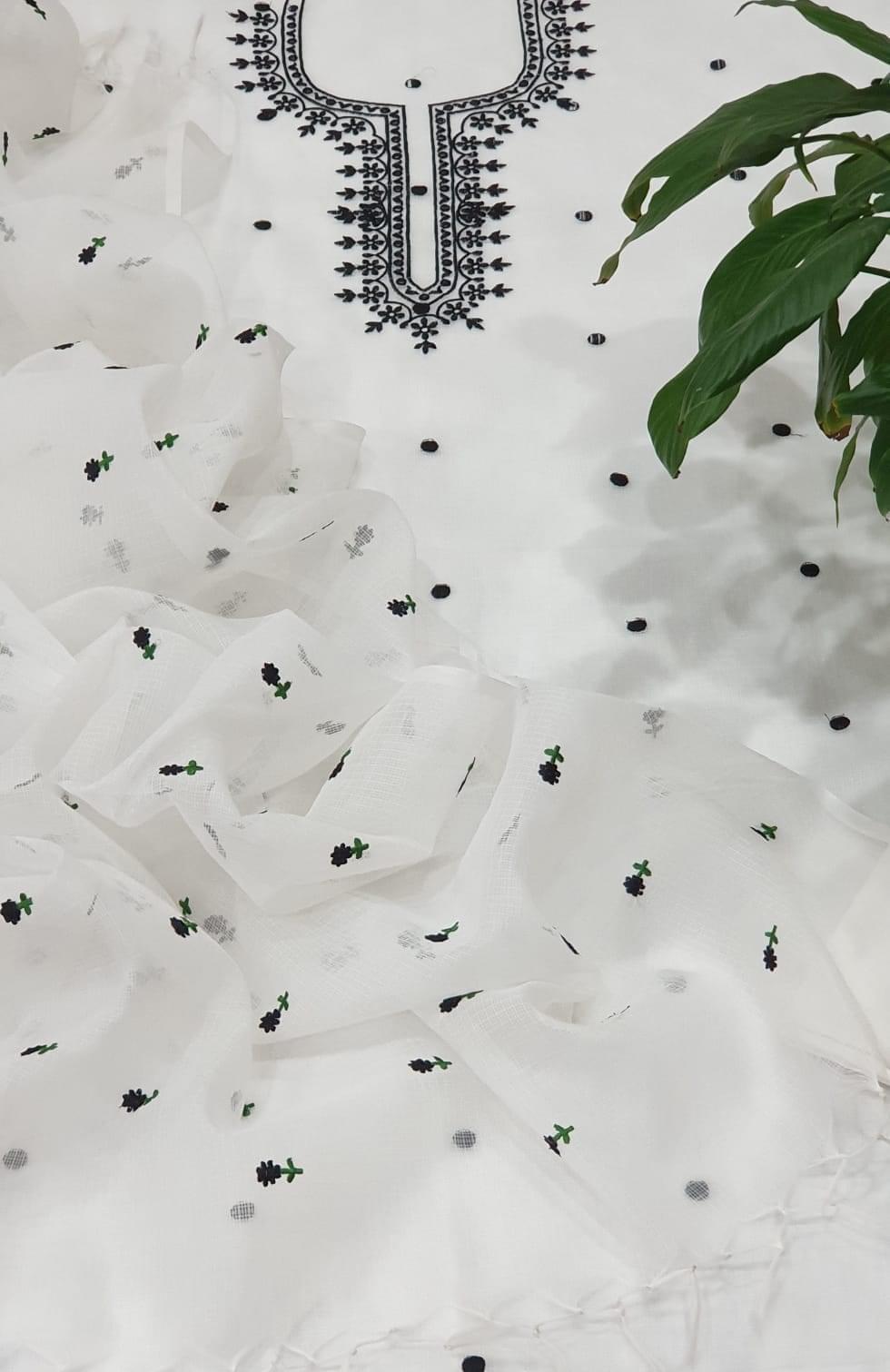 White Color Kota Doria Salwar Suit with Embroidery work