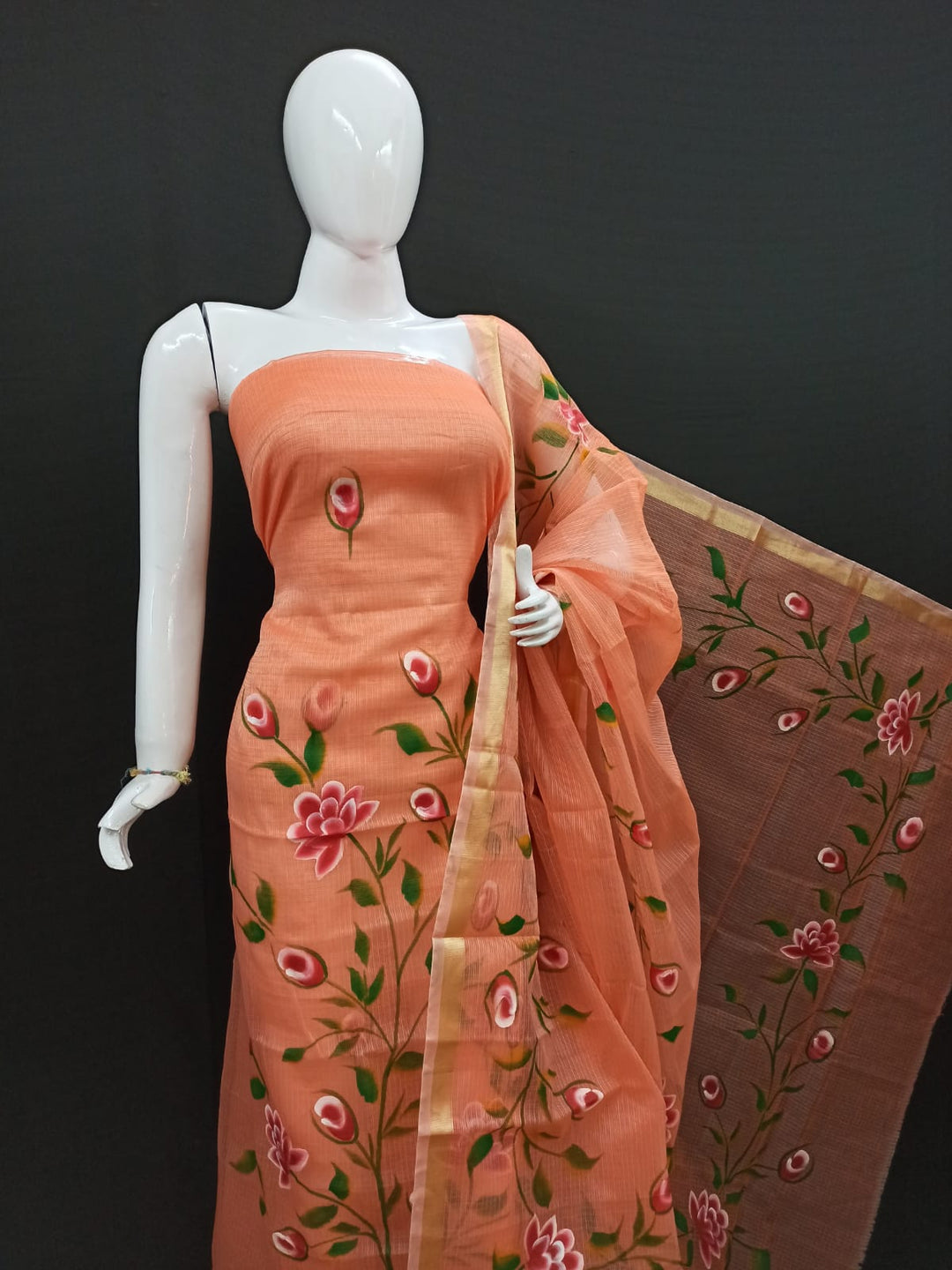 Pure Cotton Kota Doriya Hand Brush Print Unstitched Suit With Dupatta (Without Bottom )