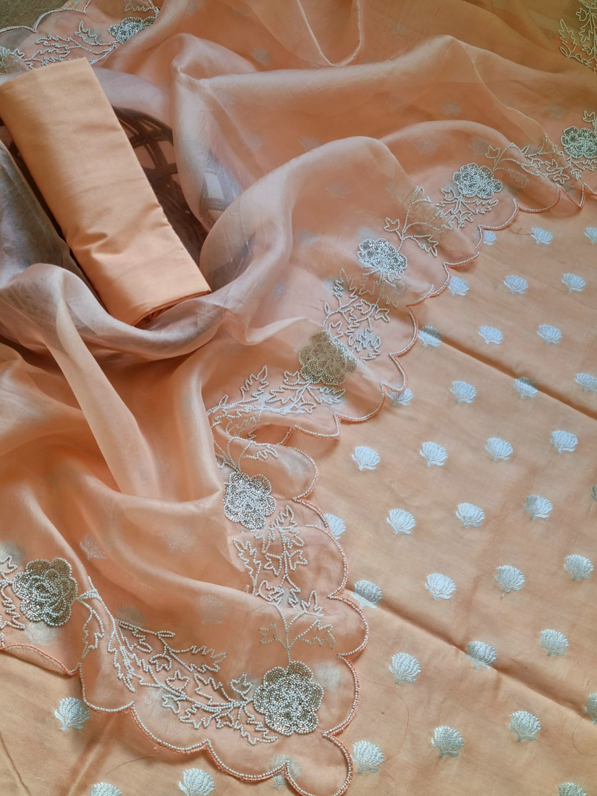 Hand-Embroidered Banarasi Organza Silk Suit with Gota Work and Chiffon Dupatta