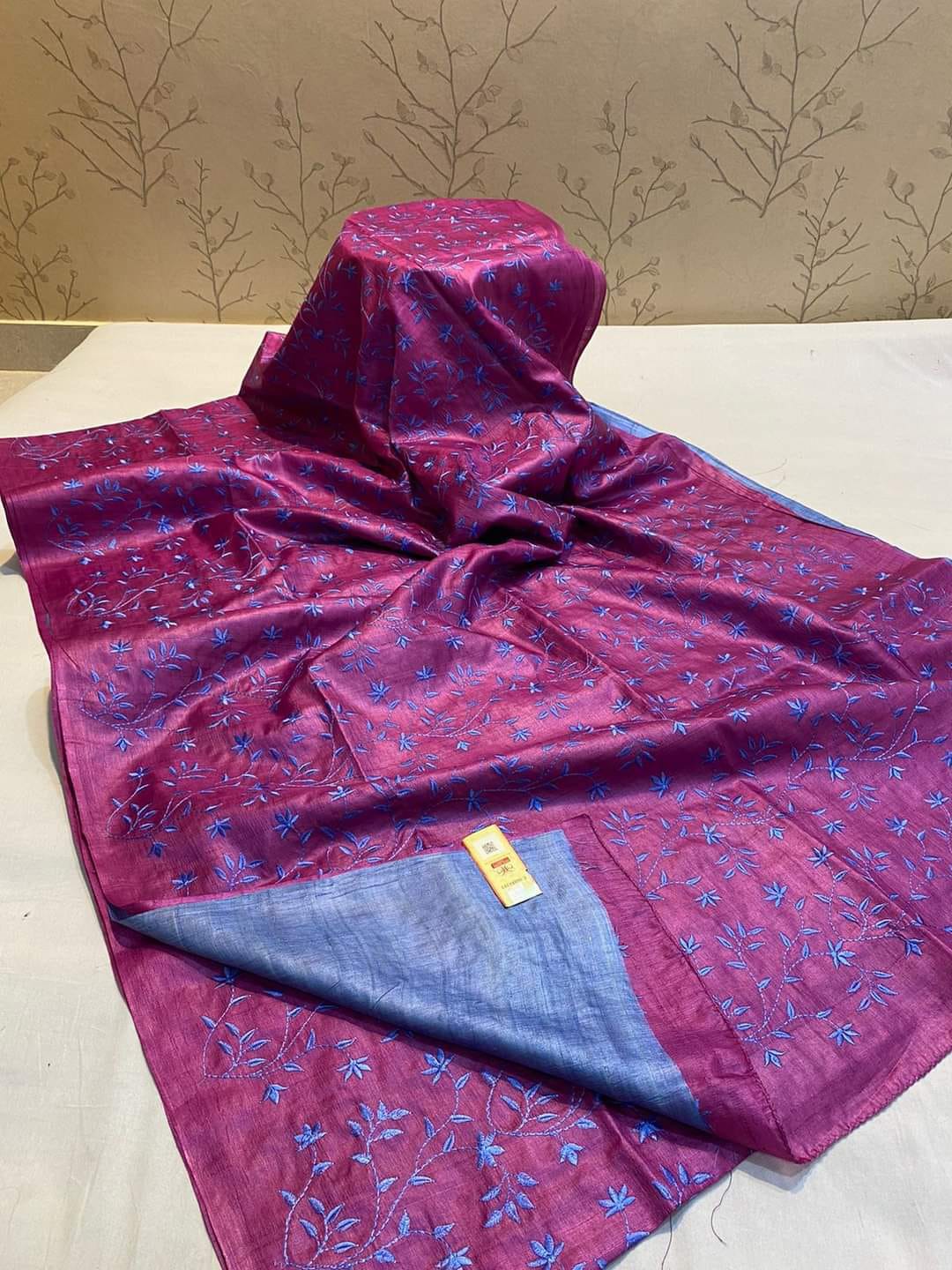 Pure Tussar by Tussar Silk Embroidery Saree With Running Blouse.
